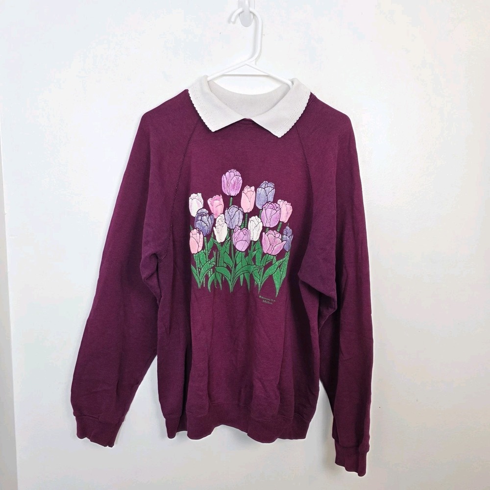 Morning Sun‎ Whitton Purple Tulips Flowers Grandmacore Collared Sweater Size 2XL